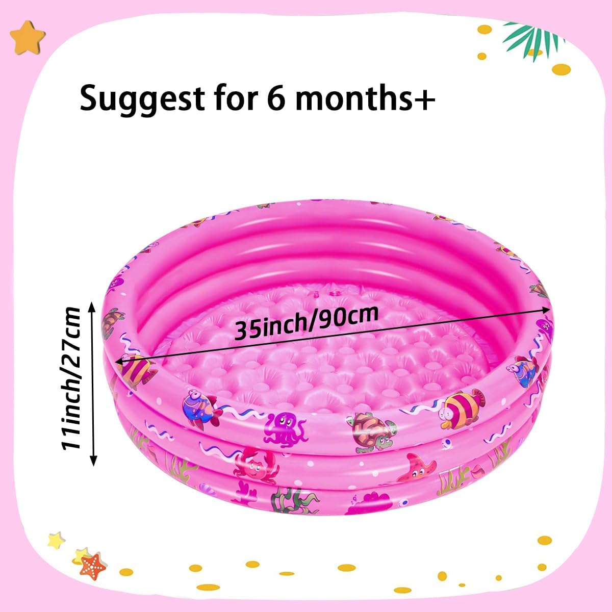 Inflatable Baby Kiddie Pools, 3 Rings Round Swimming Pool, Toddler Fun Water Swim Beach Floaties Toys, Kids Fishing Pond Ball Pit Pool, Small Infant Pool (Pink, 35 inch)