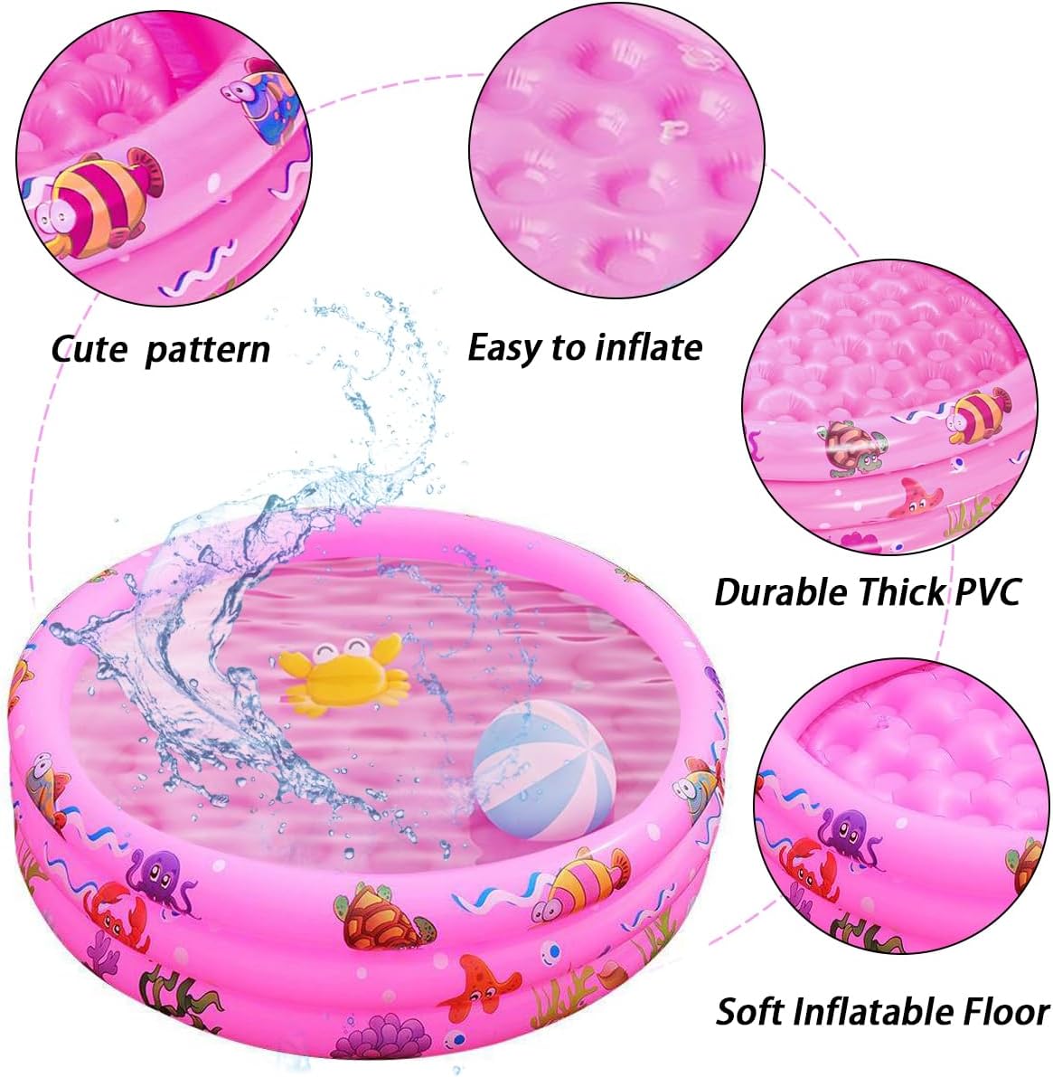 Inflatable Baby Kiddie Pools, 3 Rings Round Swimming Pool, Toddler Fun Water Swim Beach Floaties Toys, Kids Fishing Pond Ball Pit Pool, Small Infant Pool (Pink, 35 inch)
