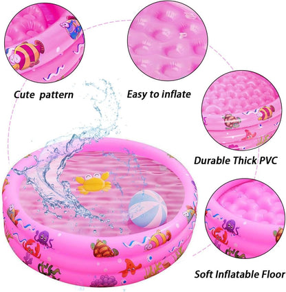 Inflatable Baby Kiddie Pools, 3 Rings Round Swimming Pool, Toddler Fun Water Swim Beach Floaties Toys, Kids Fishing Pond Ball Pit Pool, Small Infant Pool (Pink, 35 inch)