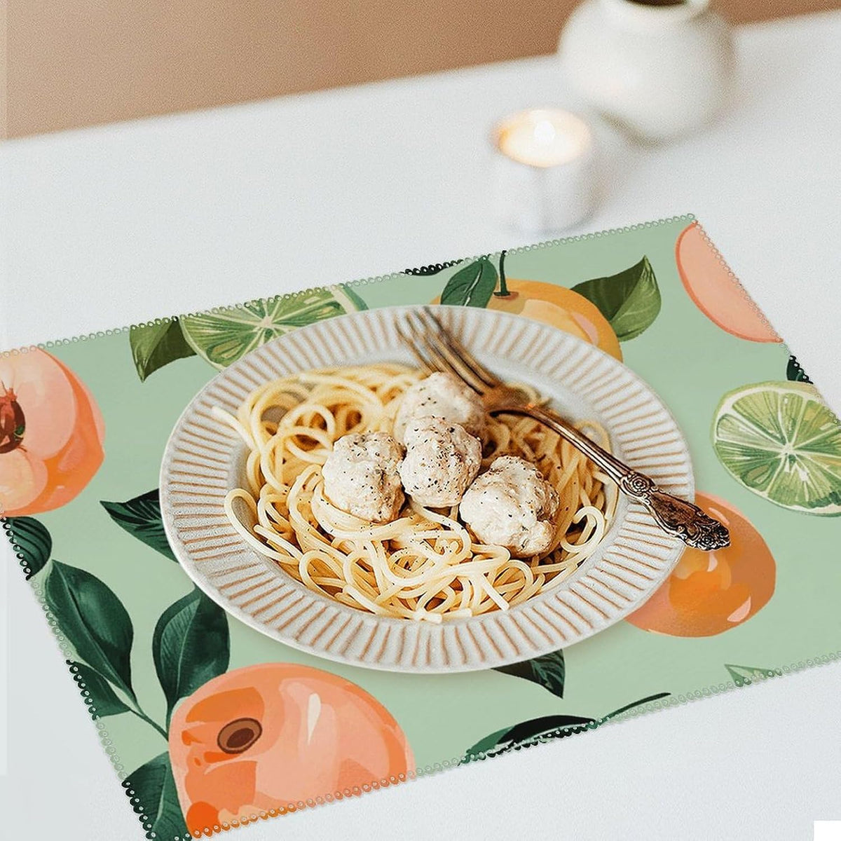 with Peach Pattern Placemats Set of 4 Heat Resistant Place Mats for Dining Table Non-Slip Placemat Easy Clean Washable Table Mats for Kitchen Table Indoor/Outdoor