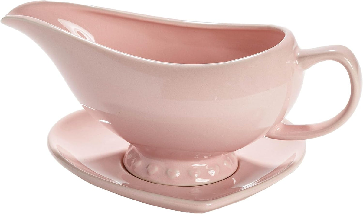 Paris Hilton Ceramic Gravy Boat with Heart-Shaped Saucer, Iconic Stoneware for Serving Gravy and Sauces, 16-Ounce Capacity, Pink