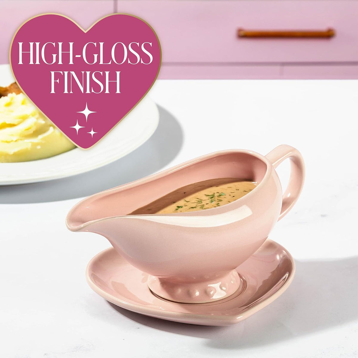 Paris Hilton Ceramic Gravy Boat with Heart-Shaped Saucer, Iconic Stoneware for Serving Gravy and Sauces, 16-Ounce Capacity, Pink