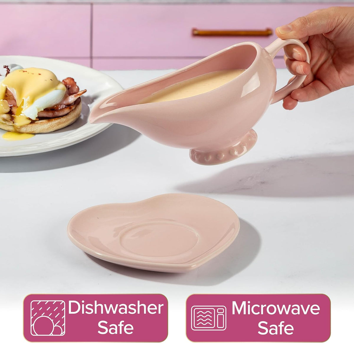 Paris Hilton Ceramic Gravy Boat with Heart-Shaped Saucer, Iconic Stoneware for Serving Gravy and Sauces, 16-Ounce Capacity, Pink