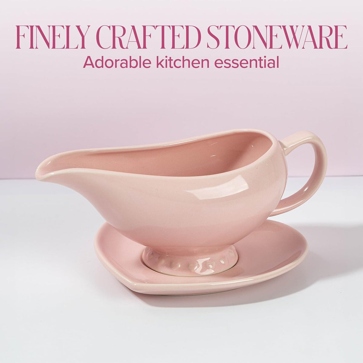 Paris Hilton Ceramic Gravy Boat with Heart-Shaped Saucer, Iconic Stoneware for Serving Gravy and Sauces, 16-Ounce Capacity, Pink