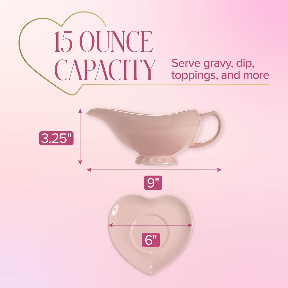 Paris Hilton Ceramic Gravy Boat with Heart-Shaped Saucer, Iconic Stoneware for Serving Gravy and Sauces, 16-Ounce Capacity, Pink