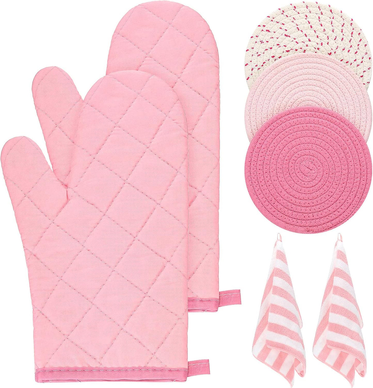 Pink Oven Mitts and Pot Holders with Kitchen Towels Set of 7, Valentine's Day Gift for Women Heat Resistant Oven Gloves Kitchen Hand Towels Hot Pads for Cooking Baking(Plaid)