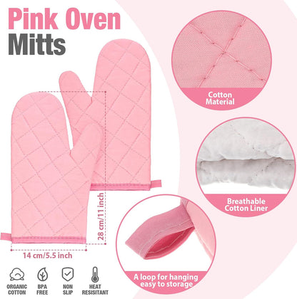 Pink Oven Mitts and Pot Holders with Kitchen Towels Set of 7, Valentine's Day Gift for Women Heat Resistant Oven Gloves Kitchen Hand Towels Hot Pads for Cooking Baking(Plaid)