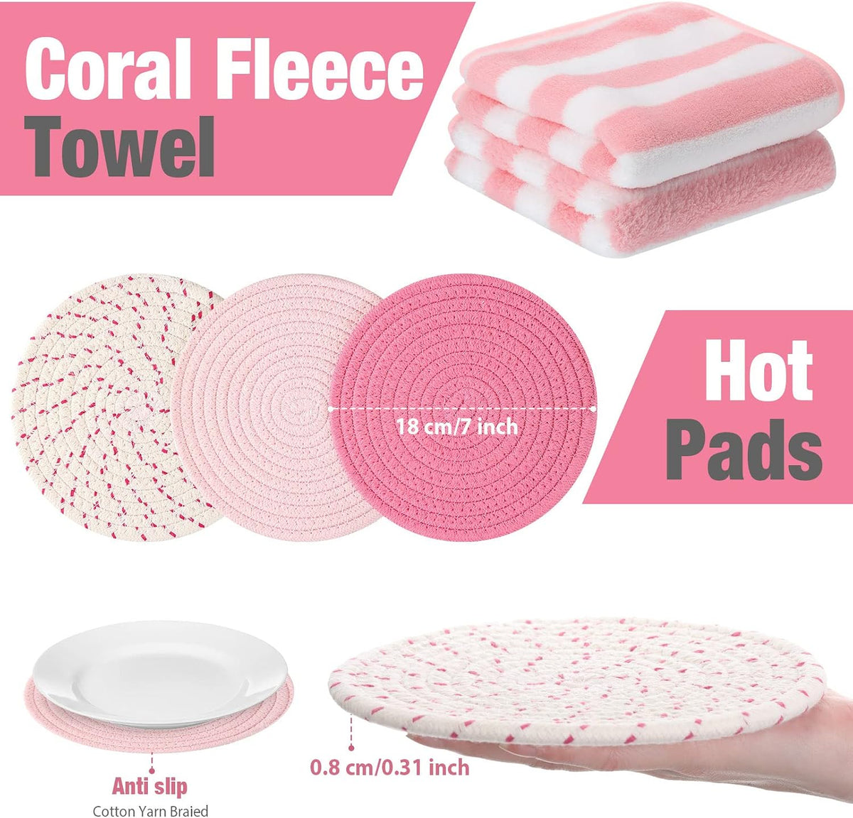 Pink Oven Mitts and Pot Holders with Kitchen Towels Set of 7, Valentine's Day Gift for Women Heat Resistant Oven Gloves Kitchen Hand Towels Hot Pads for Cooking Baking(Plaid)