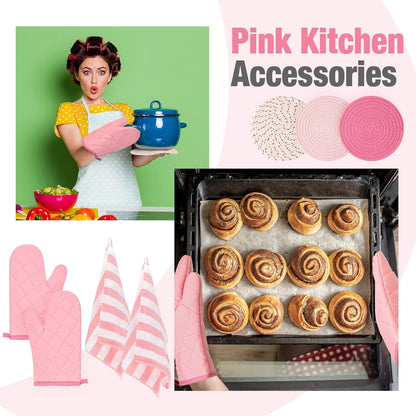 Pink Oven Mitts and Pot Holders with Kitchen Towels Set of 7, Valentine's Day Gift for Women Heat Resistant Oven Gloves Kitchen Hand Towels Hot Pads for Cooking Baking(Plaid)