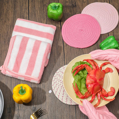 Pink Oven Mitts and Pot Holders with Kitchen Towels Set of 7, Valentine's Day Gift for Women Heat Resistant Oven Gloves Kitchen Hand Towels Hot Pads for Cooking Baking(Plaid)