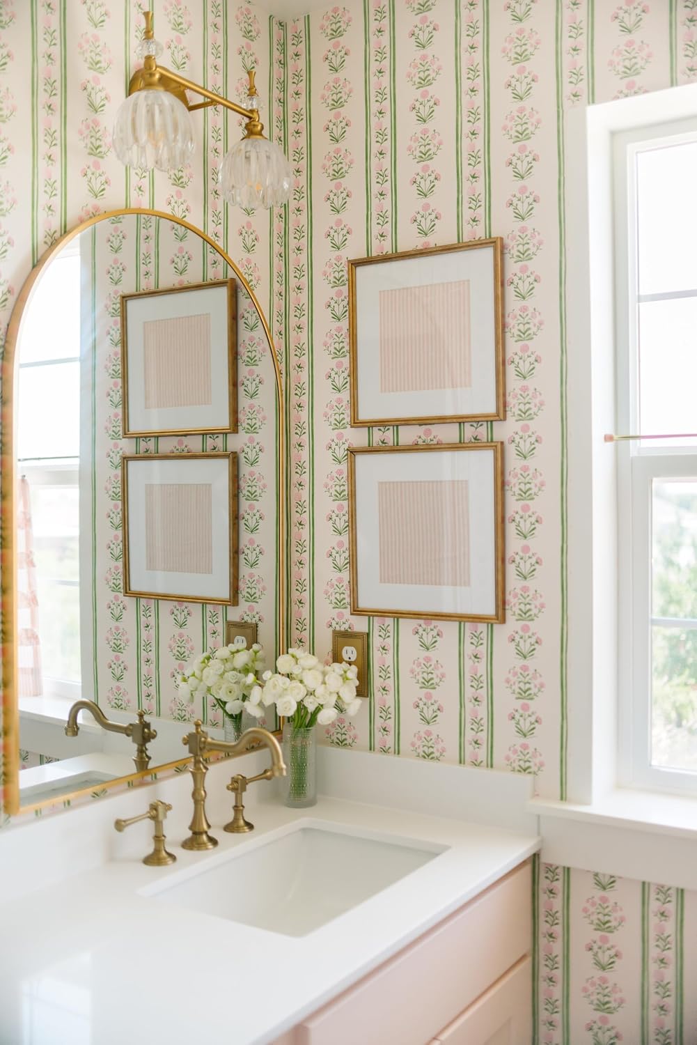 Green Stripe Peel and Stick Wallpaper Featuring Pink Floral, Vintage Farmhouse Inspired Renter Friendly Wallpaper, Cute and Whimsical Style for Girls Room, Bathroom, Laundry Room