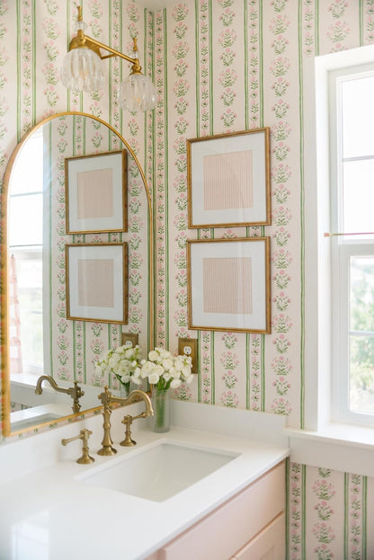 Green Stripe Peel and Stick Wallpaper Featuring Pink Floral, Vintage Farmhouse Inspired Renter Friendly Wallpaper, Cute and Whimsical Style for Girls Room, Bathroom, Laundry Room