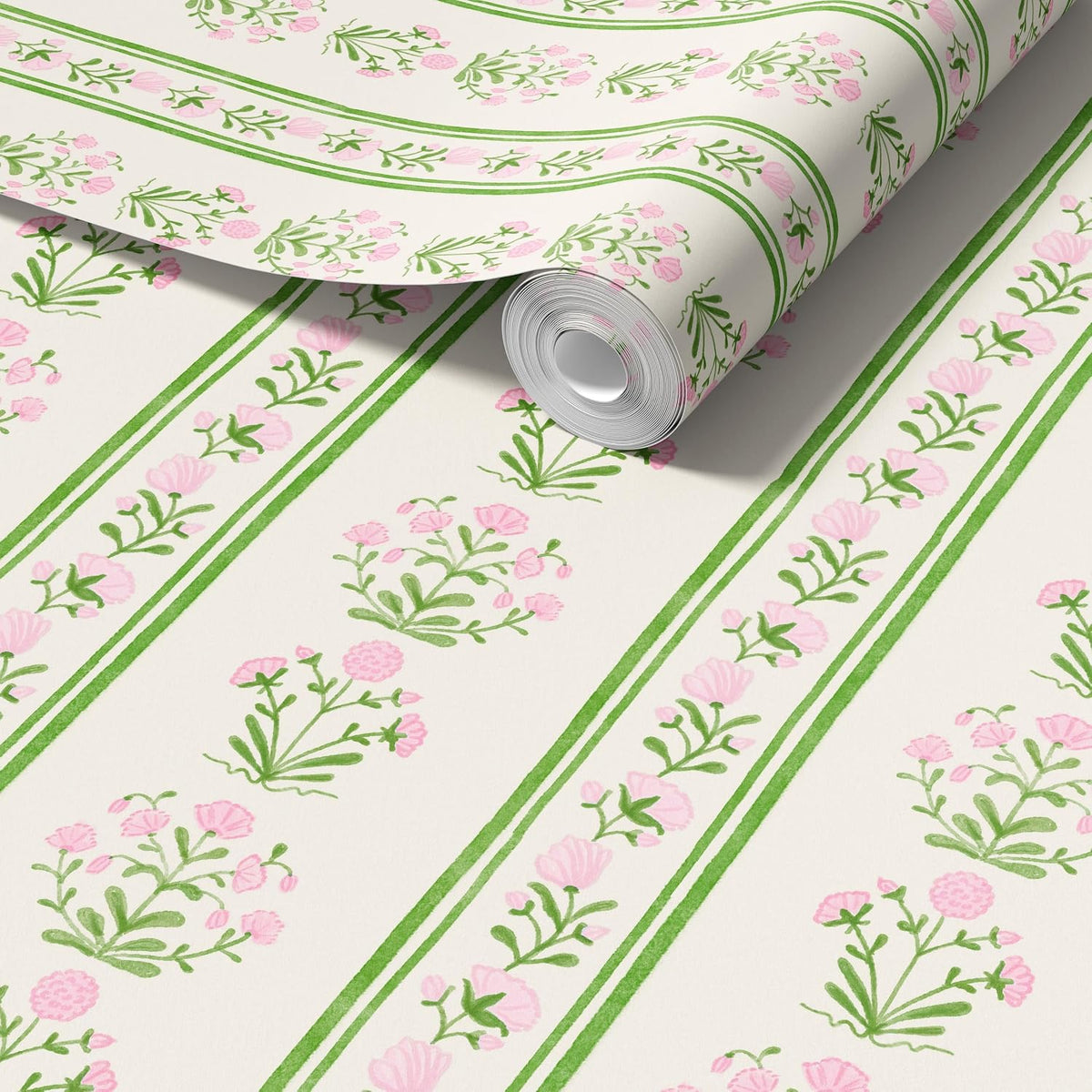 Green Stripe Peel and Stick Wallpaper Featuring Pink Floral, Vintage Farmhouse Inspired Renter Friendly Wallpaper, Cute and Whimsical Style for Girls Room, Bathroom, Laundry Room