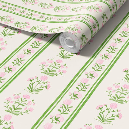Green Stripe Peel and Stick Wallpaper Featuring Pink Floral, Vintage Farmhouse Inspired Renter Friendly Wallpaper, Cute and Whimsical Style for Girls Room, Bathroom, Laundry Room