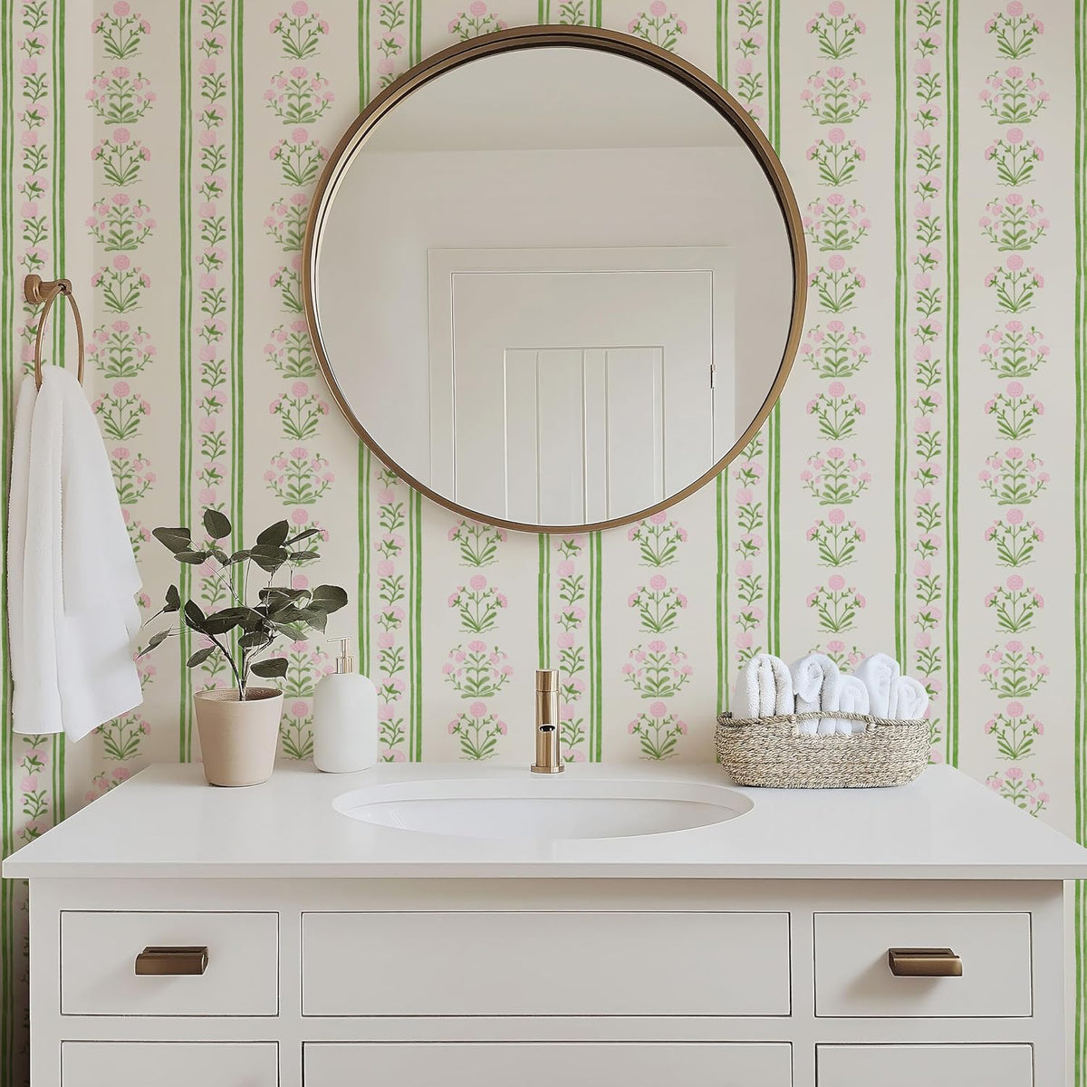 Green Stripe Peel and Stick Wallpaper Featuring Pink Floral, Vintage Farmhouse Inspired Renter Friendly Wallpaper, Cute and Whimsical Style for Girls Room, Bathroom, Laundry Room