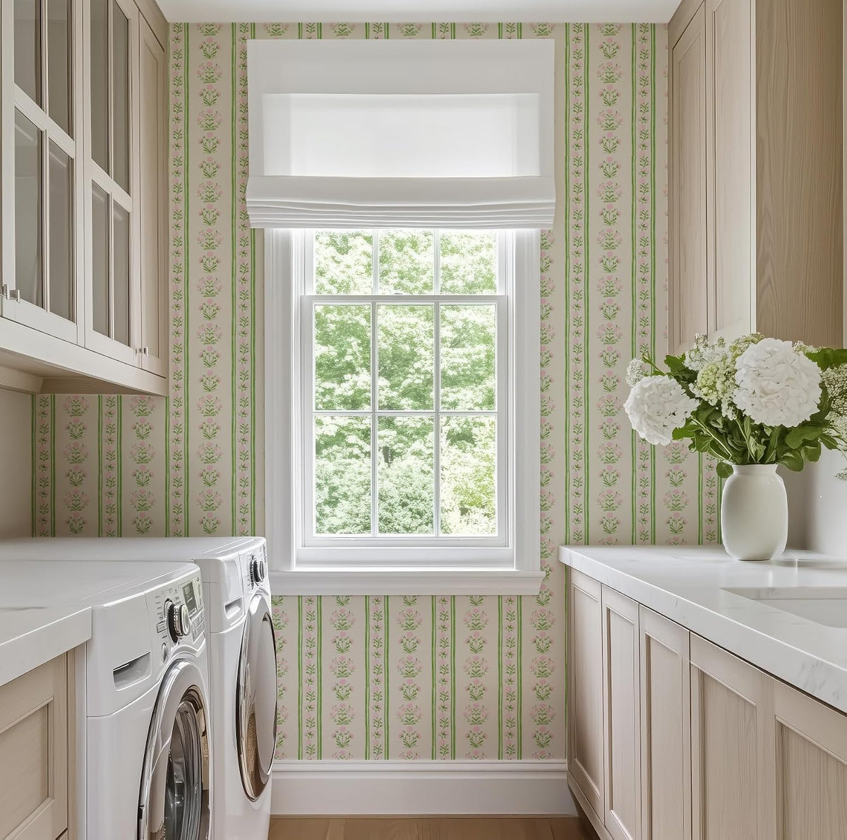 Green Stripe Peel and Stick Wallpaper Featuring Pink Floral, Vintage Farmhouse Inspired Renter Friendly Wallpaper, Cute and Whimsical Style for Girls Room, Bathroom, Laundry Room