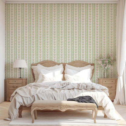 Green Stripe Peel and Stick Wallpaper Featuring Pink Floral, Vintage Farmhouse Inspired Renter Friendly Wallpaper, Cute and Whimsical Style for Girls Room, Bathroom, Laundry Room