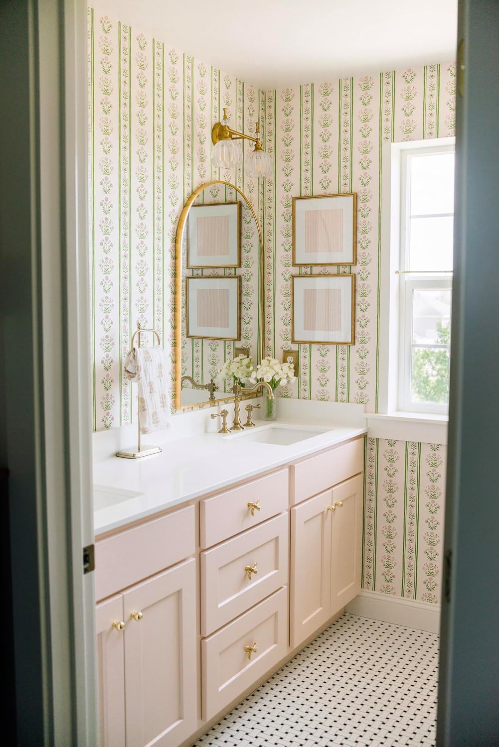 Green Stripe Peel and Stick Wallpaper Featuring Pink Floral, Vintage Farmhouse Inspired Renter Friendly Wallpaper, Cute and Whimsical Style for Girls Room, Bathroom, Laundry Room