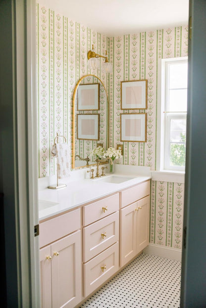 Green Stripe Peel and Stick Wallpaper Featuring Pink Floral, Vintage Farmhouse Inspired Renter Friendly Wallpaper, Cute and Whimsical Style for Girls Room, Bathroom, Laundry Room
