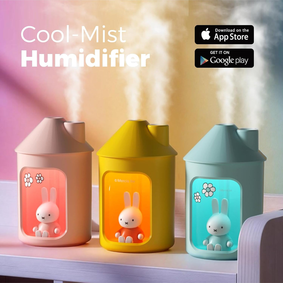 X Miffy Double Spray Humidifier 2.0 Smart App-Control RGB LED, Mini Cute Humidifier with Night Light, 500ml for Bedroom, Nursery/Office - Pink