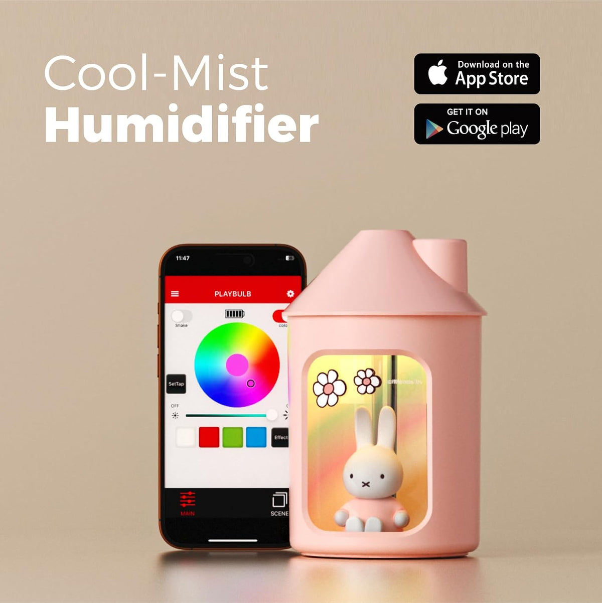 X Miffy Double Spray Humidifier 2.0 Smart App-Control RGB LED, Mini Cute Humidifier with Night Light, 500ml for Bedroom, Nursery/Office - Pink