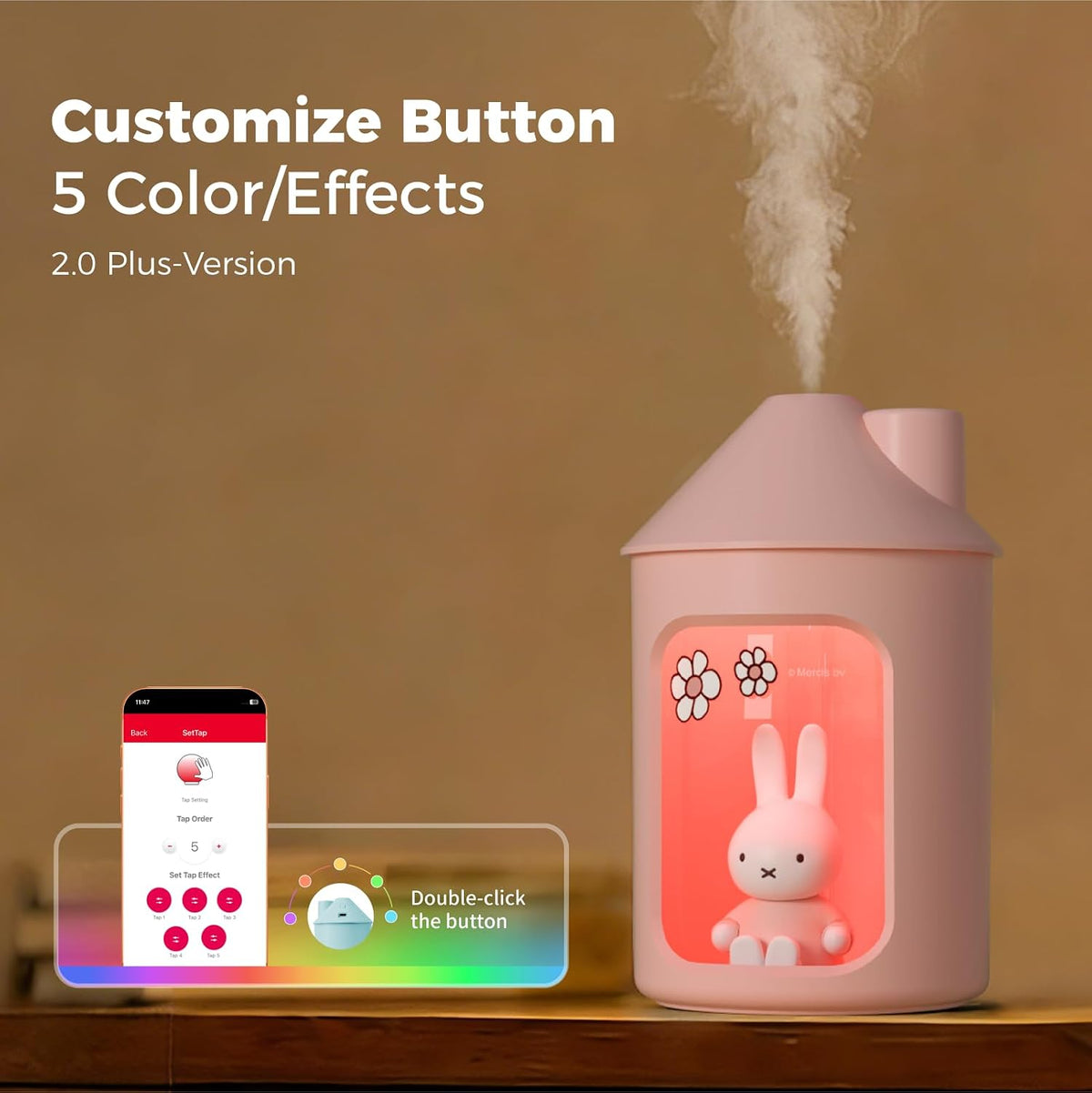 X Miffy Double Spray Humidifier 2.0 Smart App-Control RGB LED, Mini Cute Humidifier with Night Light, 500ml for Bedroom, Nursery/Office - Pink