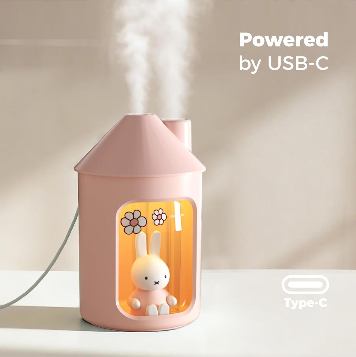 X Miffy Double Spray Humidifier 2.0 Smart App-Control RGB LED, Mini Cute Humidifier with Night Light, 500ml for Bedroom, Nursery/Office - Pink