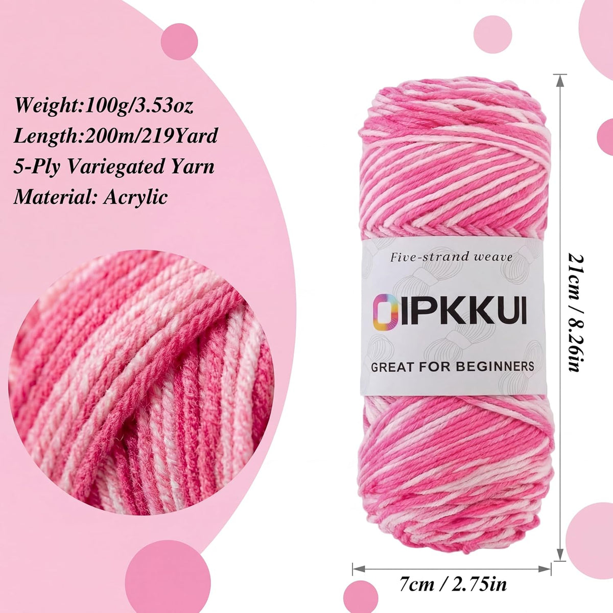 3PACK 5-Ply Variegated Yarn for Crocheting, Yarn Soft Each 3pcs/300g/630 Yards Soft Cozy, Multi-Color Gradient for Knitting Sweaters, Scarves, Shawls, Hats (Pink White)