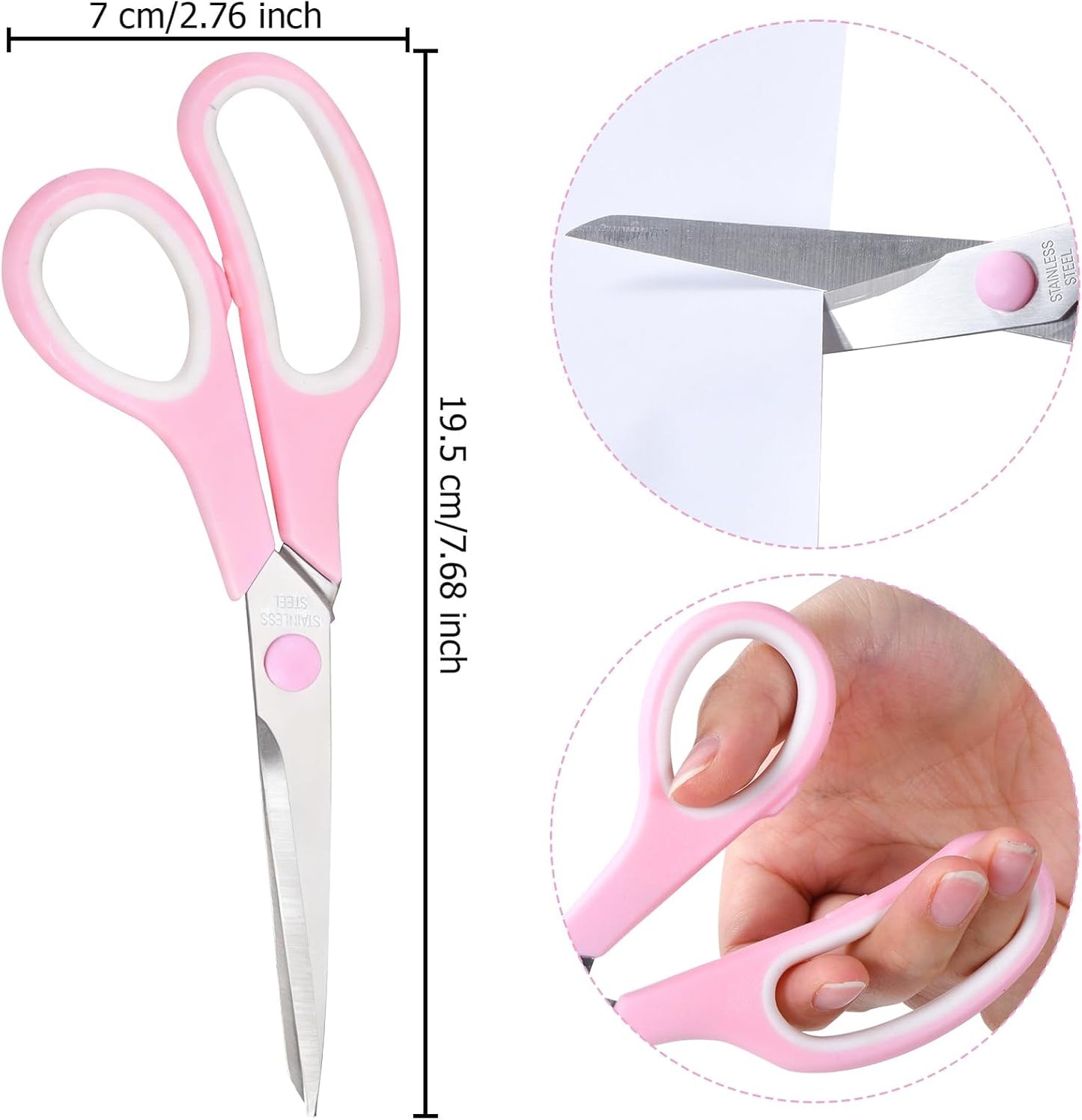 Pink Scissors, 7.5" All Purpose Scissor for Office and Home, Stainless Steel Craft Sewing Fabric Shears with Comfort Grip, Right/Left Handed (3 Pack)
