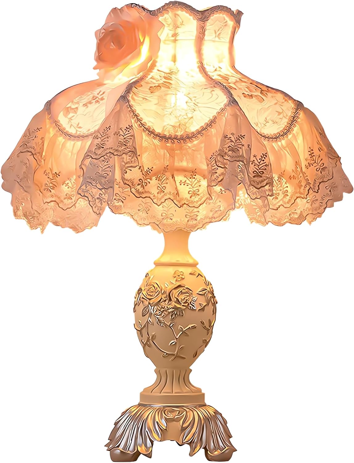 Resin Pink Table Lamp Classical Table Lamp Pink Fabric Lampshade with Antique Flower Decorative Desk Lamp for Bedroom Living Room Nursery Room