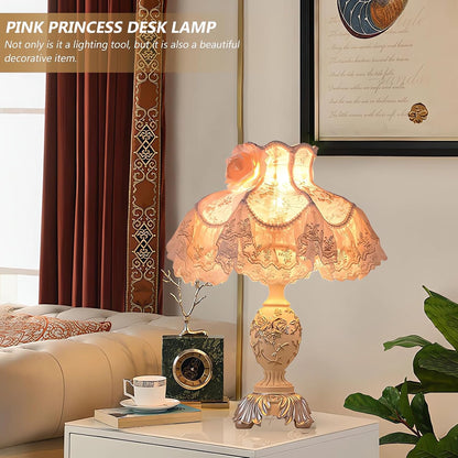 Resin Pink Table Lamp Classical Table Lamp Pink Fabric Lampshade with Antique Flower Decorative Desk Lamp for Bedroom Living Room Nursery Room
