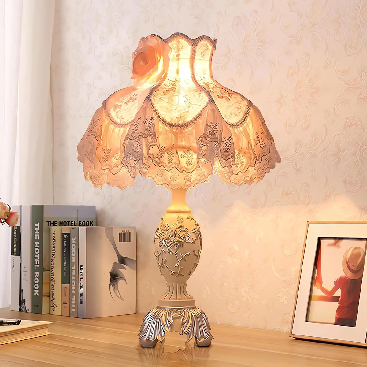 Resin Pink Table Lamp Classical Table Lamp Pink Fabric Lampshade with Antique Flower Decorative Desk Lamp for Bedroom Living Room Nursery Room