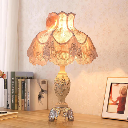 Resin Pink Table Lamp Classical Table Lamp Pink Fabric Lampshade with Antique Flower Decorative Desk Lamp for Bedroom Living Room Nursery Room