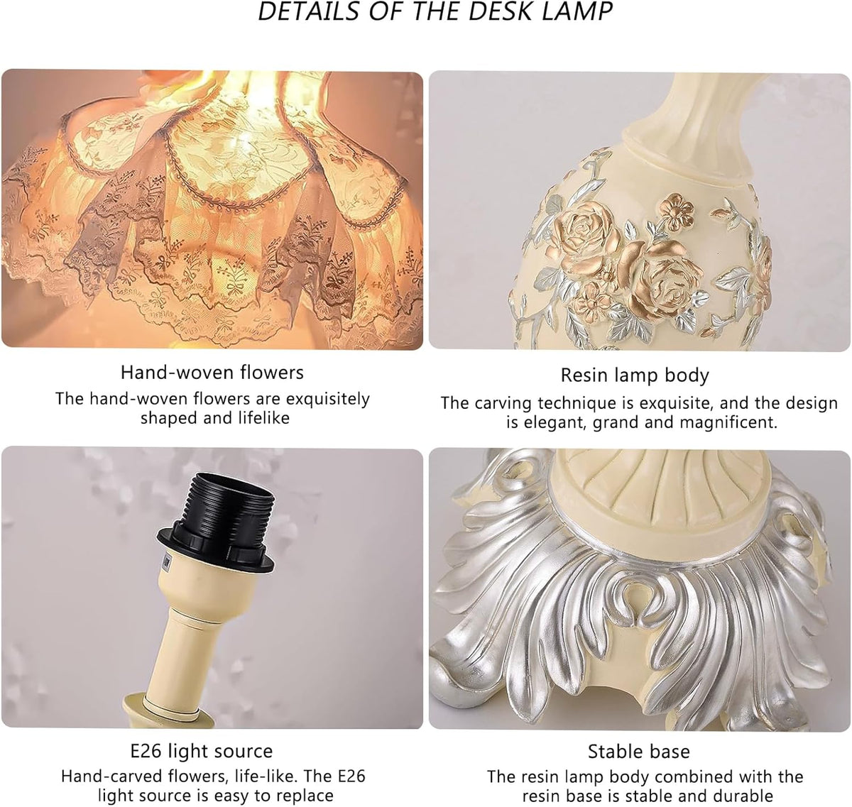 Resin Pink Table Lamp Classical Table Lamp Pink Fabric Lampshade with Antique Flower Decorative Desk Lamp for Bedroom Living Room Nursery Room