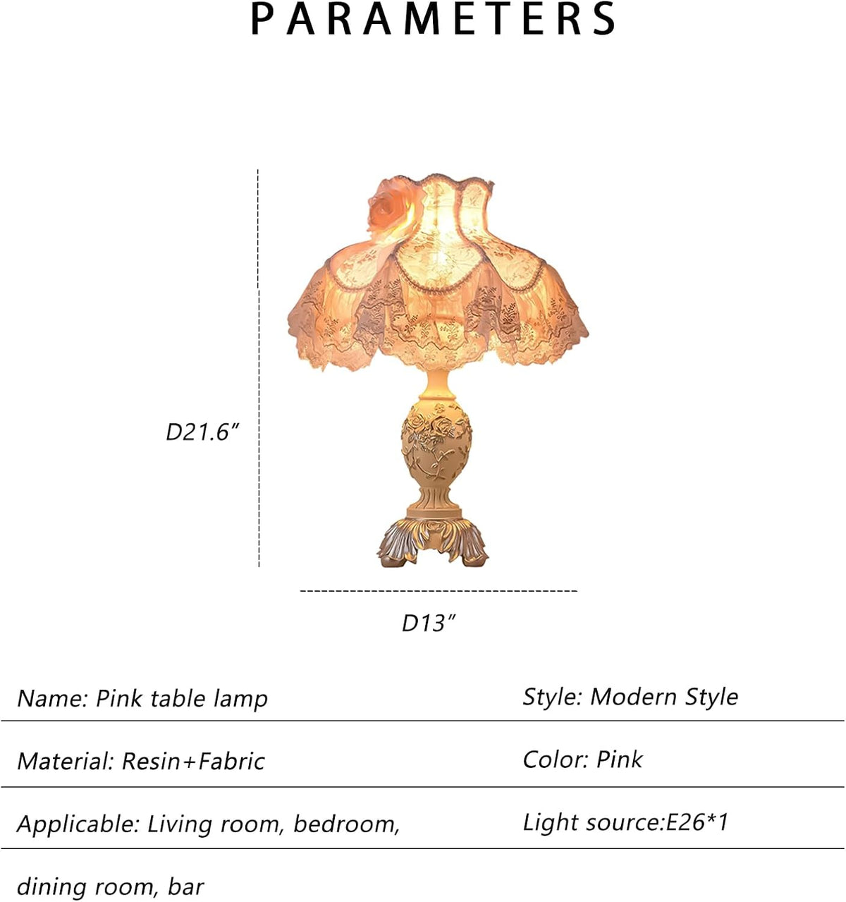 Resin Pink Table Lamp Classical Table Lamp Pink Fabric Lampshade with Antique Flower Decorative Desk Lamp for Bedroom Living Room Nursery Room