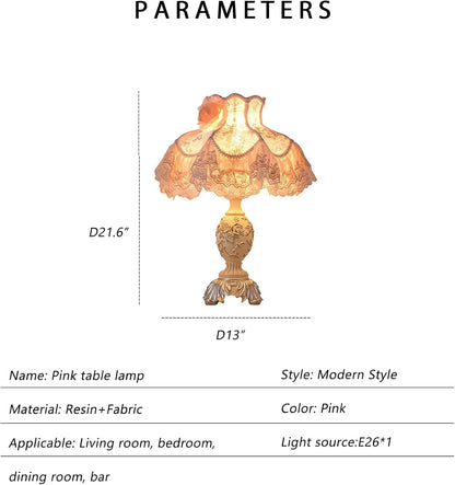 Resin Pink Table Lamp Classical Table Lamp Pink Fabric Lampshade with Antique Flower Decorative Desk Lamp for Bedroom Living Room Nursery Room