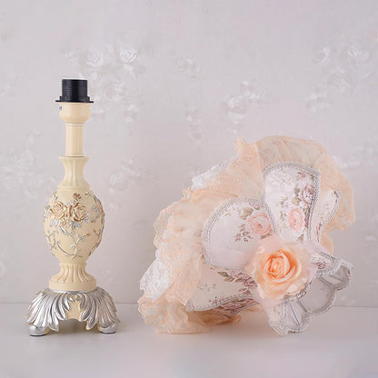 Resin Pink Table Lamp Classical Table Lamp Pink Fabric Lampshade with Antique Flower Decorative Desk Lamp for Bedroom Living Room Nursery Room