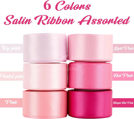 Pink Satin Ribbon 1 inch Baby/Light/Hot Pink Double-Faced Satin Ribbons for Flower Bouquet, Gift Wrapping, DIY Crafts, Bridal Shower Wedding Decor- 6 Rolls, Total 30 Yards