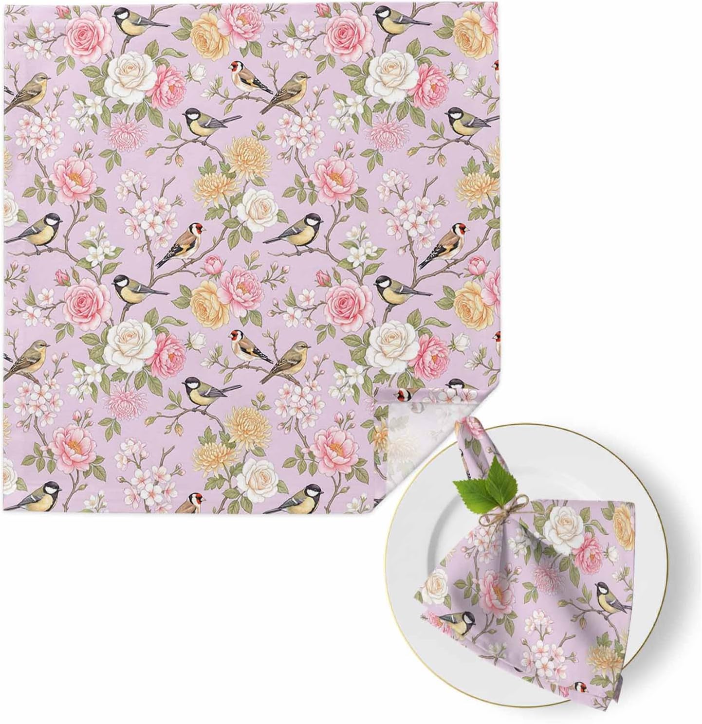 Spring Cloth Napkins Set of 1 Pink Traditional Flowers Birds Branches Ethnic Style Napkins Cloth Washable Reusable Soft Napkin for Birthday Party Wedding Dining Table Decorations 20x20 Inch