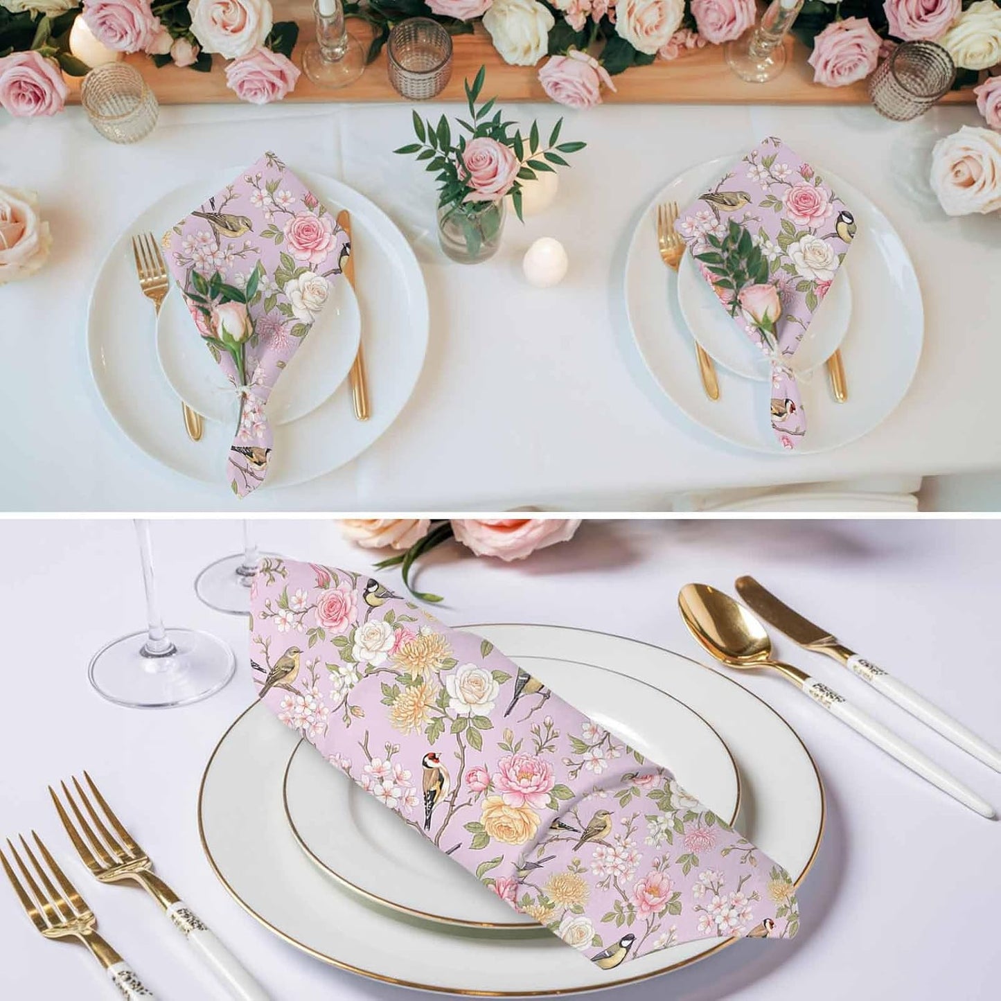 Spring Cloth Napkins Set of 1 Pink Traditional Flowers Birds Branches Ethnic Style Napkins Cloth Washable Reusable Soft Napkin for Birthday Party Wedding Dining Table Decorations 20x20 Inch