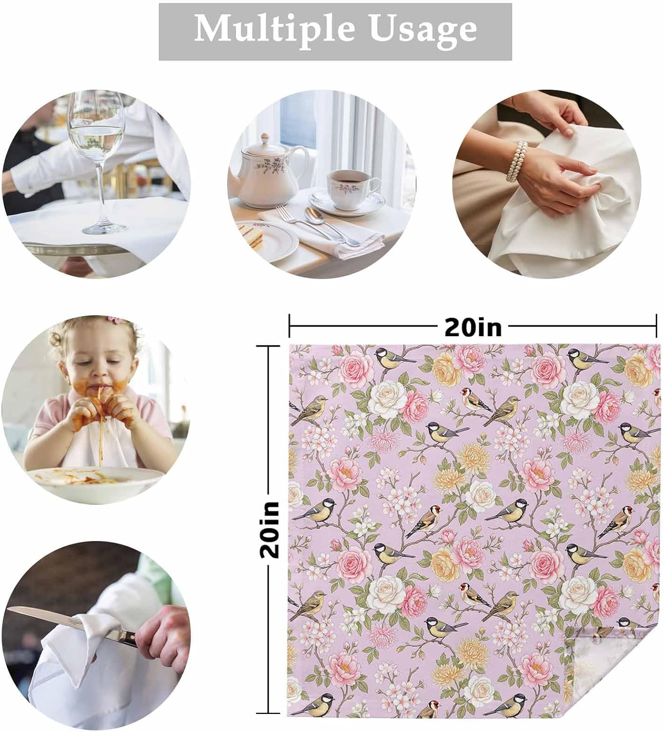 Spring Cloth Napkins Set of 1 Pink Traditional Flowers Birds Branches Ethnic Style Napkins Cloth Washable Reusable Soft Napkin for Birthday Party Wedding Dining Table Decorations 20x20 Inch
