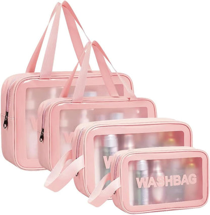 5PCS Clear Toiletry Bags, Wash Bag, Clear PU Makeup Bag, Waterproof Toiletry Travel Bag with Zipper Handle, Portable Airport Cosmetic Bag for Travel Bathroom Men Women (Pink)