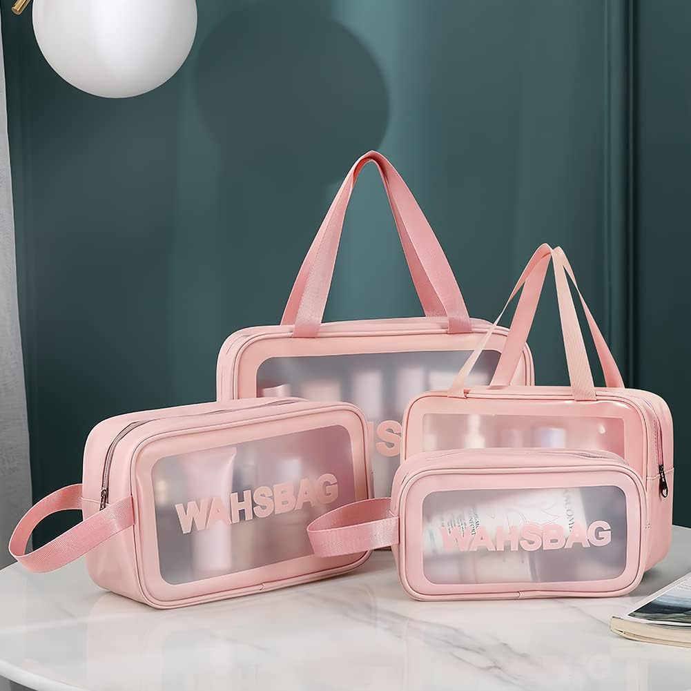 5PCS Clear Toiletry Bags, Wash Bag, Clear PU Makeup Bag, Waterproof Toiletry Travel Bag with Zipper Handle, Portable Airport Cosmetic Bag for Travel Bathroom Men Women (Pink)