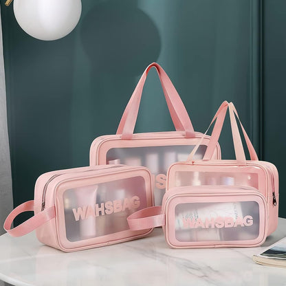 5PCS Clear Toiletry Bags, Wash Bag, Clear PU Makeup Bag, Waterproof Toiletry Travel Bag with Zipper Handle, Portable Airport Cosmetic Bag for Travel Bathroom Men Women (Pink)
