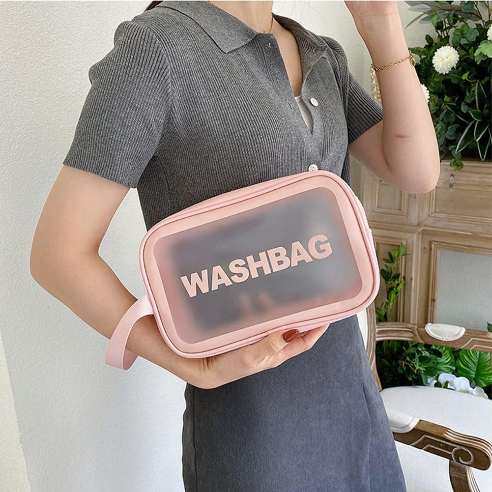 5PCS Clear Toiletry Bags, Wash Bag, Clear PU Makeup Bag, Waterproof Toiletry Travel Bag with Zipper Handle, Portable Airport Cosmetic Bag for Travel Bathroom Men Women (Pink)
