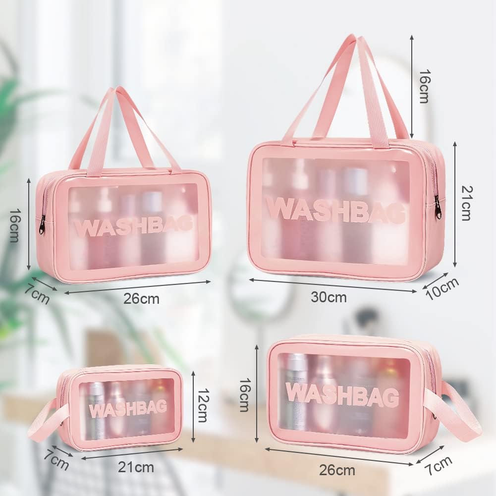 5PCS Clear Toiletry Bags, Wash Bag, Clear PU Makeup Bag, Waterproof Toiletry Travel Bag with Zipper Handle, Portable Airport Cosmetic Bag for Travel Bathroom Men Women (Pink)