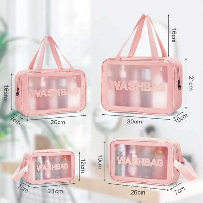 5PCS Clear Toiletry Bags, Wash Bag, Clear PU Makeup Bag, Waterproof Toiletry Travel Bag with Zipper Handle, Portable Airport Cosmetic Bag for Travel Bathroom Men Women (Pink)