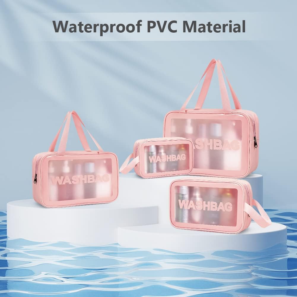5PCS Clear Toiletry Bags, Wash Bag, Clear PU Makeup Bag, Waterproof Toiletry Travel Bag with Zipper Handle, Portable Airport Cosmetic Bag for Travel Bathroom Men Women (Pink)