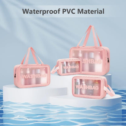 5PCS Clear Toiletry Bags, Wash Bag, Clear PU Makeup Bag, Waterproof Toiletry Travel Bag with Zipper Handle, Portable Airport Cosmetic Bag for Travel Bathroom Men Women (Pink)