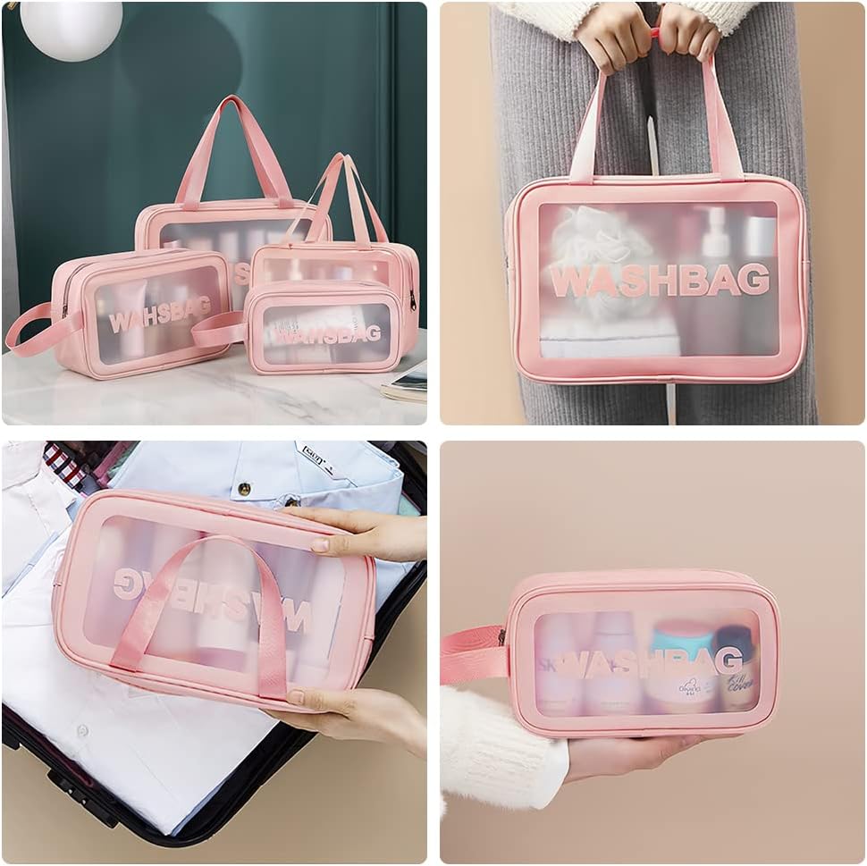 5PCS Clear Toiletry Bags, Wash Bag, Clear PU Makeup Bag, Waterproof Toiletry Travel Bag with Zipper Handle, Portable Airport Cosmetic Bag for Travel Bathroom Men Women (Pink)